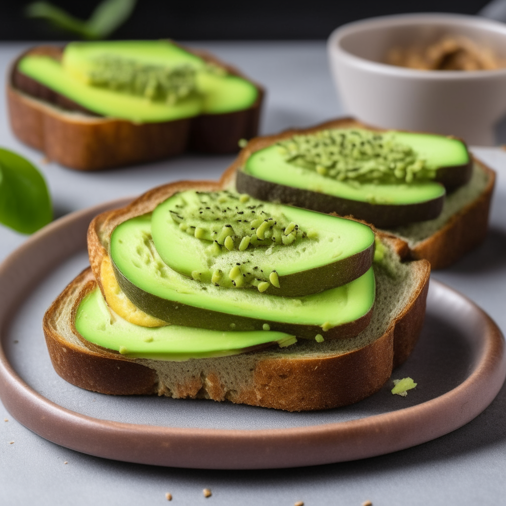 Two pieces of toast cut into strips with mashed avocado and chia seeds spread evenly over the top like butter, freshly made and ready to eat