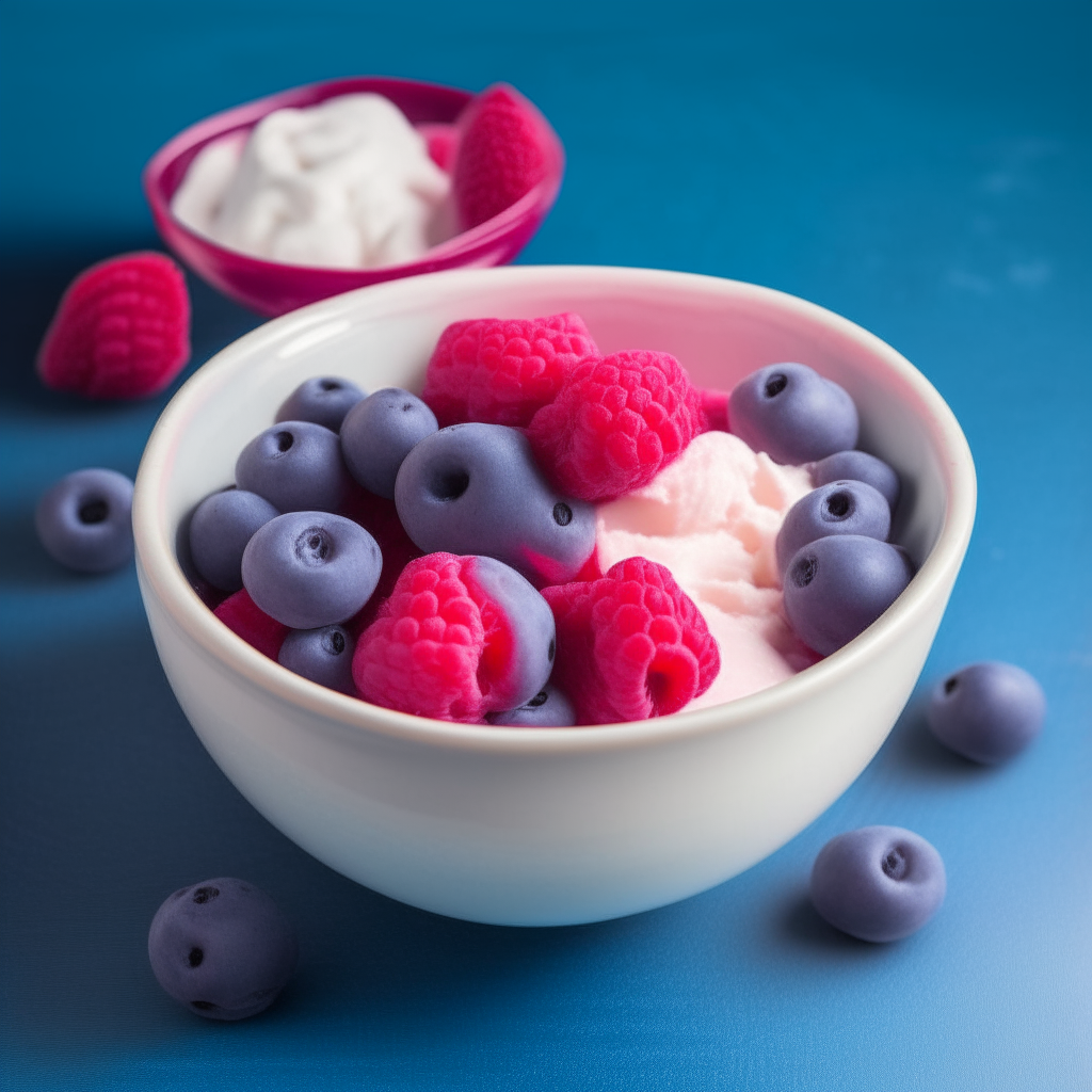 A bowl of Greek yogurt with raspberries and blueberries mashed into it, freshly made and ready to eat, perfect for babies 9-12 months old