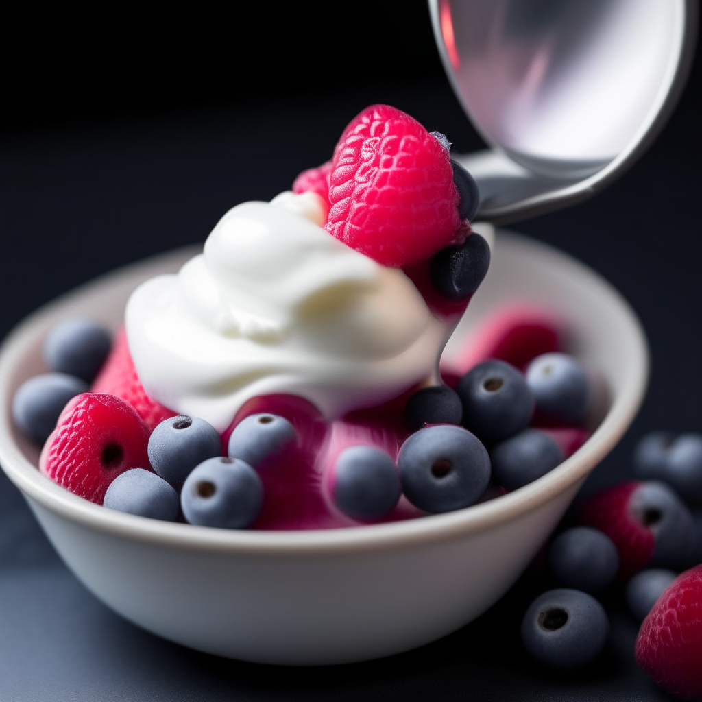 A spoonful of Greek yogurt with mashed mixed berries, zoomed in tightly, freshly made and ready to eat