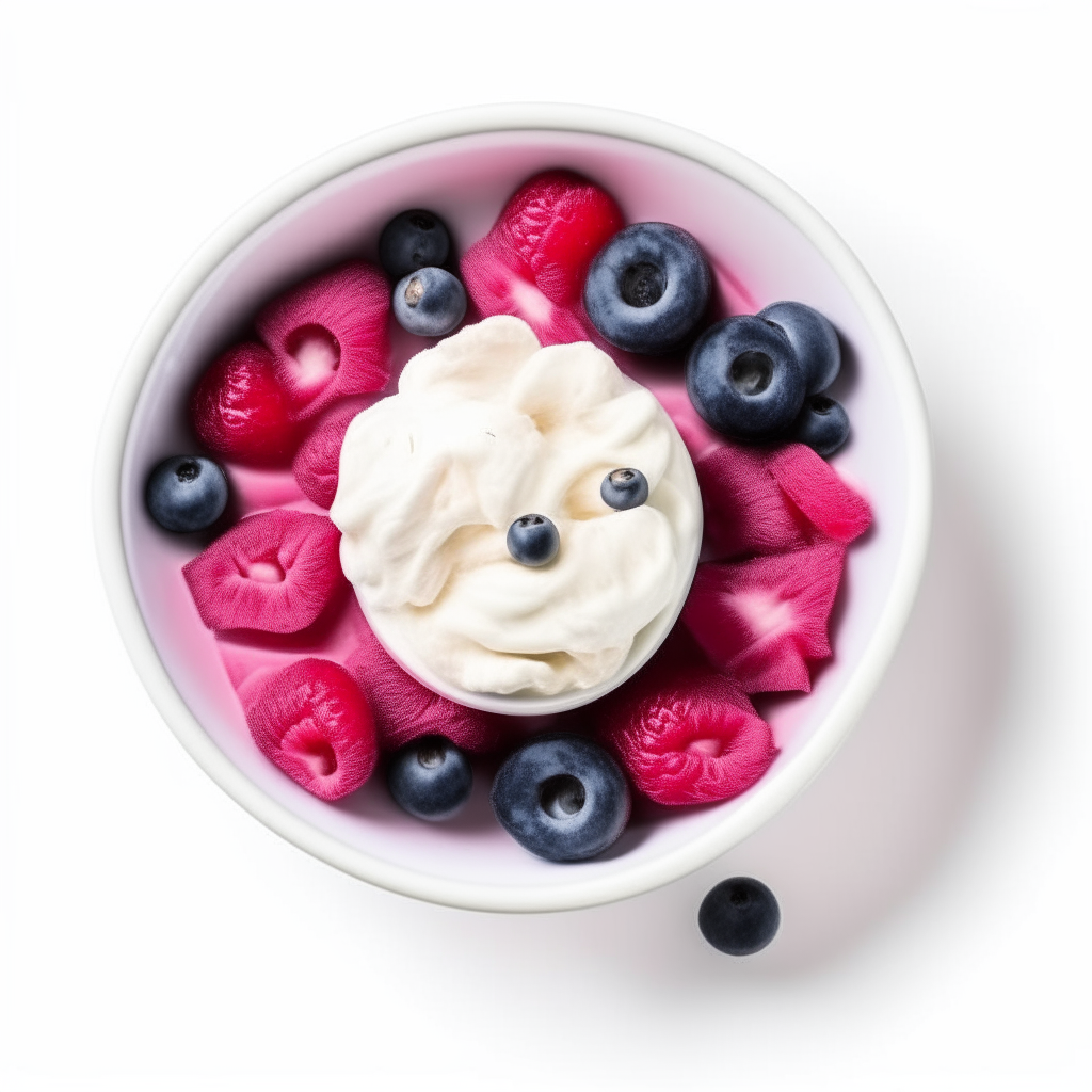 Greek yogurt with mashed berries arranged in a bowl on a white background, freshly made and ready to eat, suitable for babies 9-12 months old