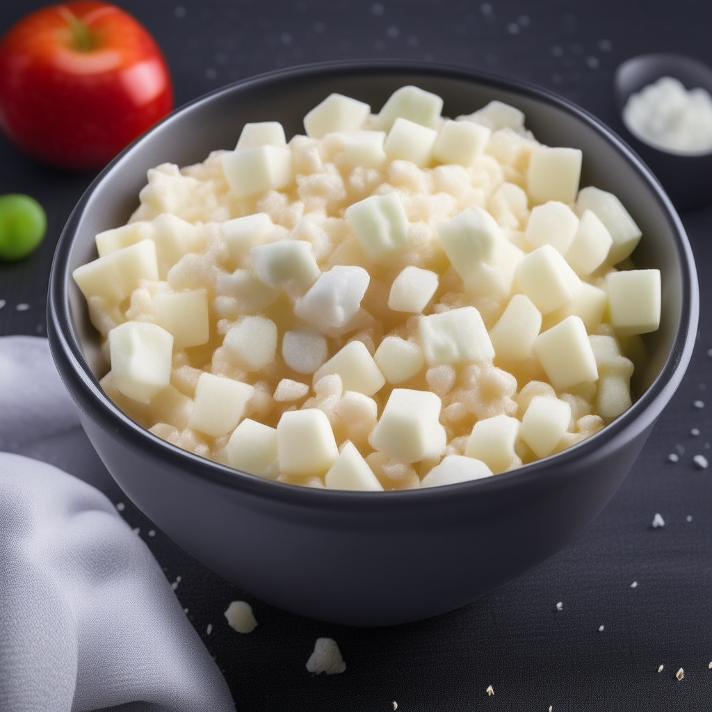 A bowl of cottage cheese with small diced apple pieces mixed in, freshly made and ready to eat, perfect for babies 9-12 months old