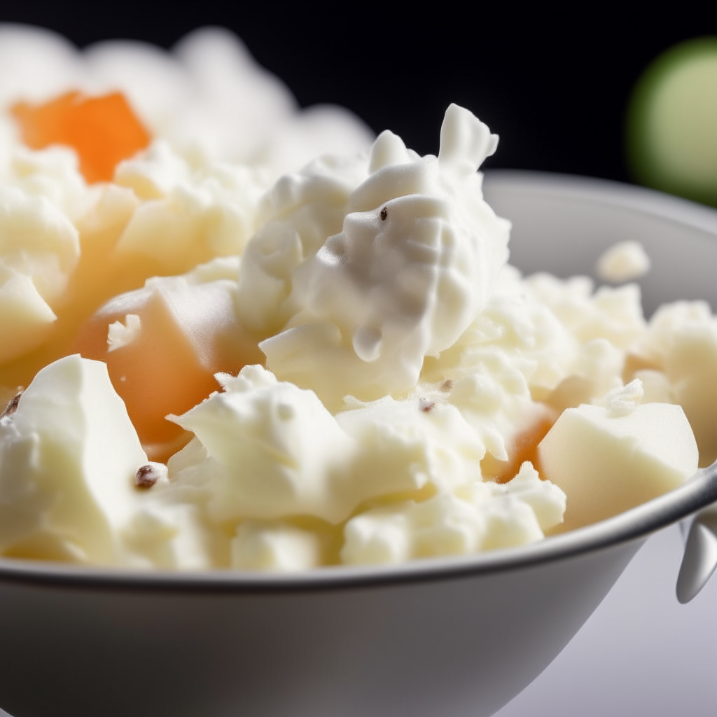 A spoonful of cottage cheese with apple bits, zoomed in tightly, freshly made and ready to eat