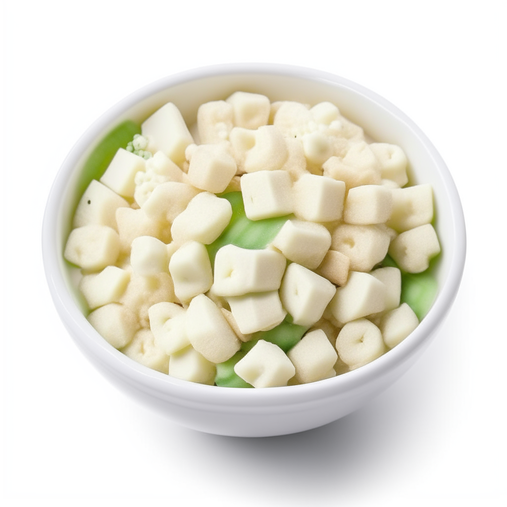 Cottage cheese and apple bits arranged in a bowl on a white background, freshly made and ready to eat, suitable for babies 9-12 months old