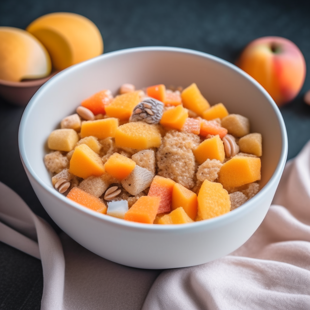 A bowl of multigrain cereal with diced bananas and peaches mixed in, freshly made and ready to eat, perfect for babies 9-12 months old