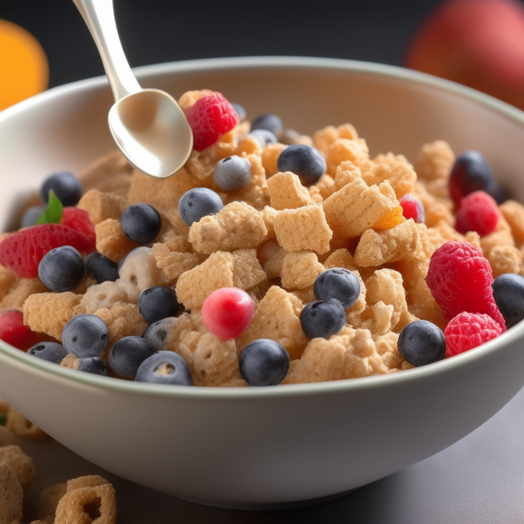 A spoonful of grain cereal with soft fruit chunks, zoomed in tightly, freshly made and ready to eat