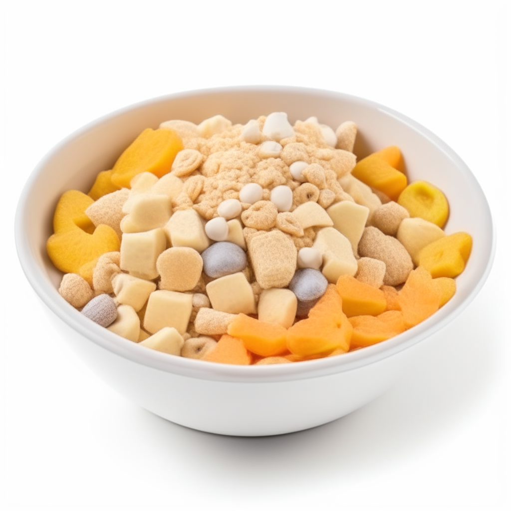 Grain cereal mix with banana and peach chunks arranged in a bowl on a white background, freshly made and ready to eat, suitable for babies 9-12 months old