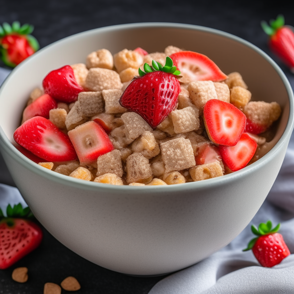 A bowl of multigrain cereal with diced bananas and strawberries mixed in, freshly made and ready to eat