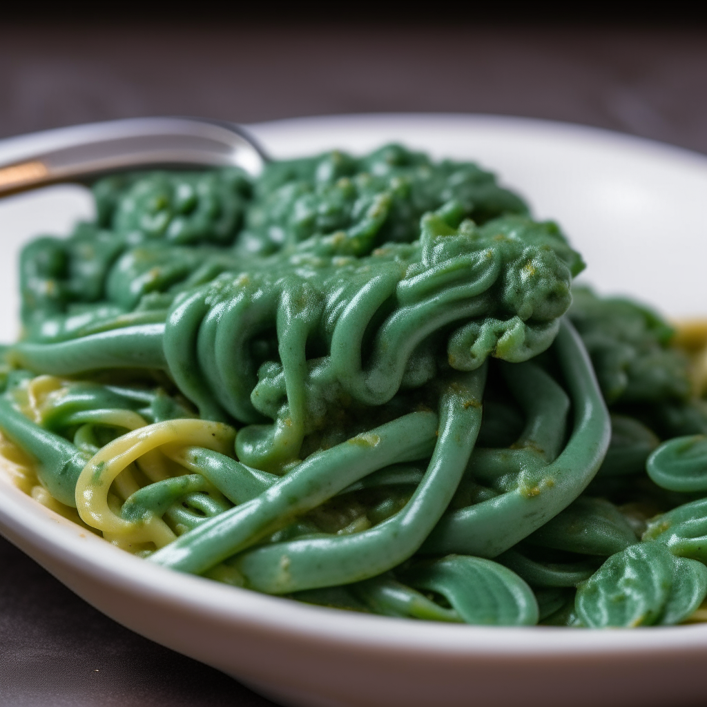 A spoonful of spiral pasta coated in spinach sauce, zoomed in tightly, freshly made and ready to eat