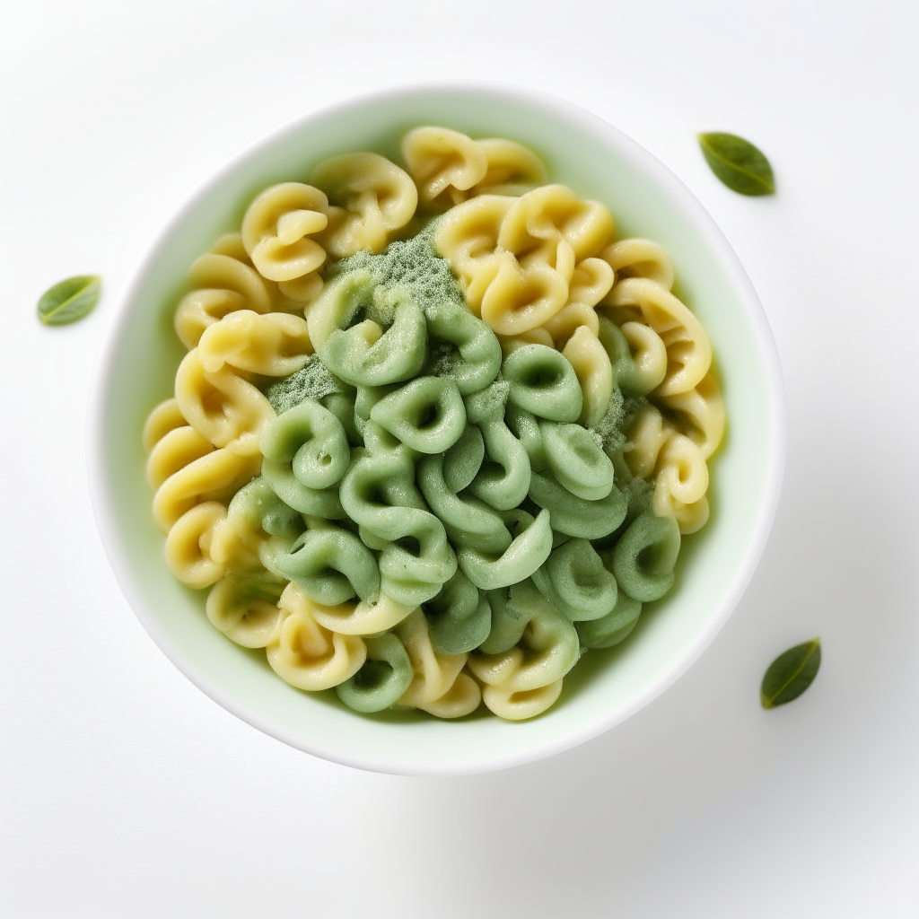 Spiral pasta with spinach sauce arranged in a bowl on a white background, freshly made and ready to eat, suitable for babies 9-12 months old