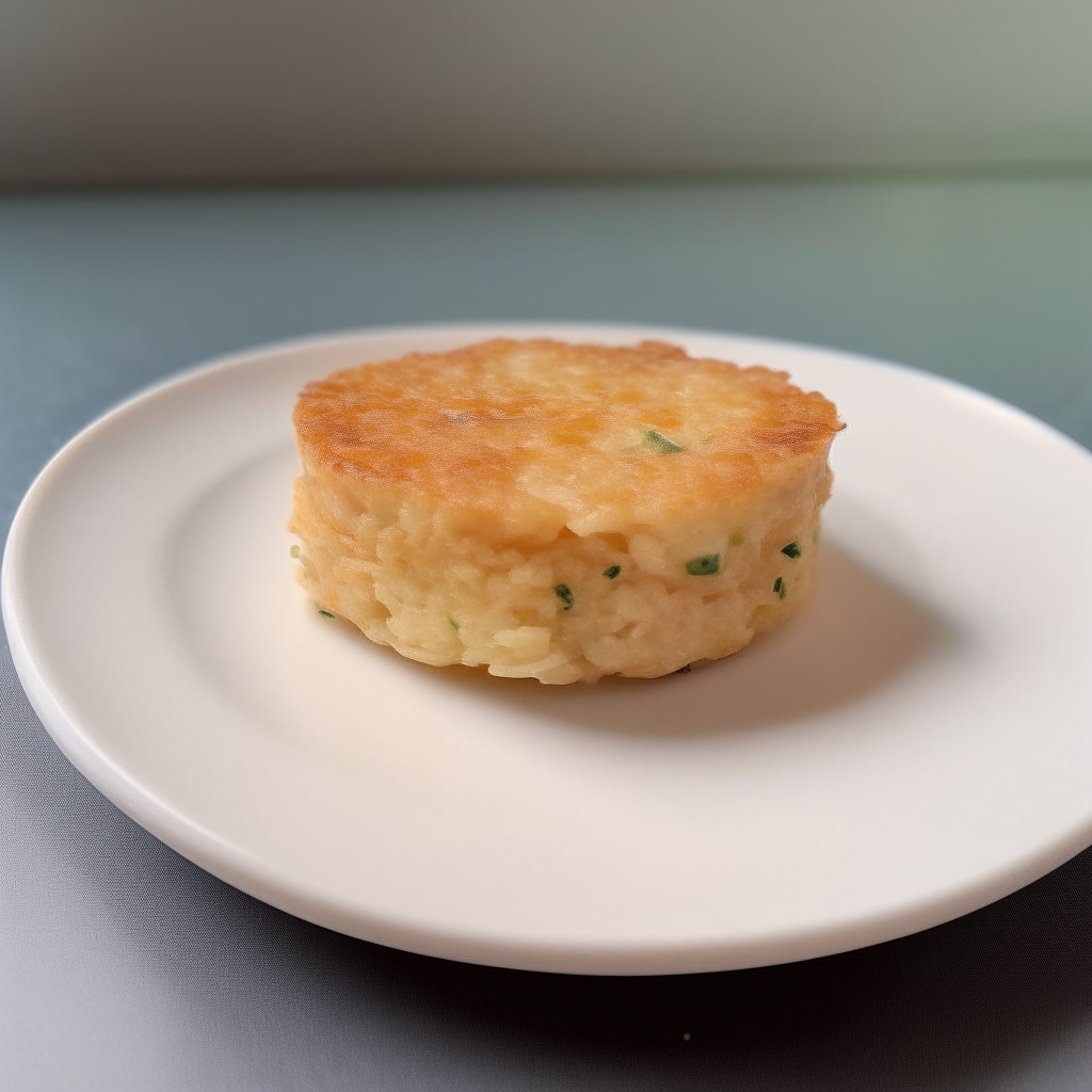 A rice and tuna cake on a white plate, freshly made and ready to eat, perfect for babies 9-12 months old