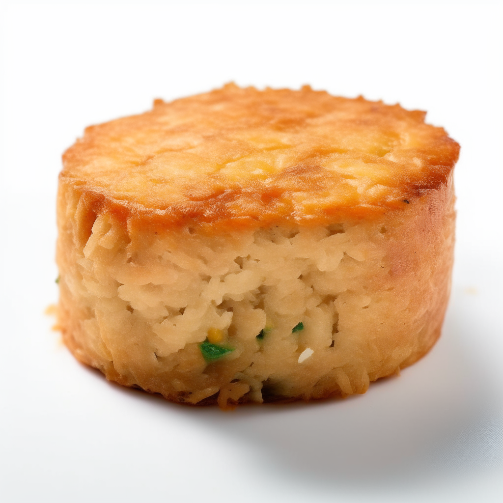 A rice and tuna cake zoomed in tightly on a white background, freshly made and ready to eat