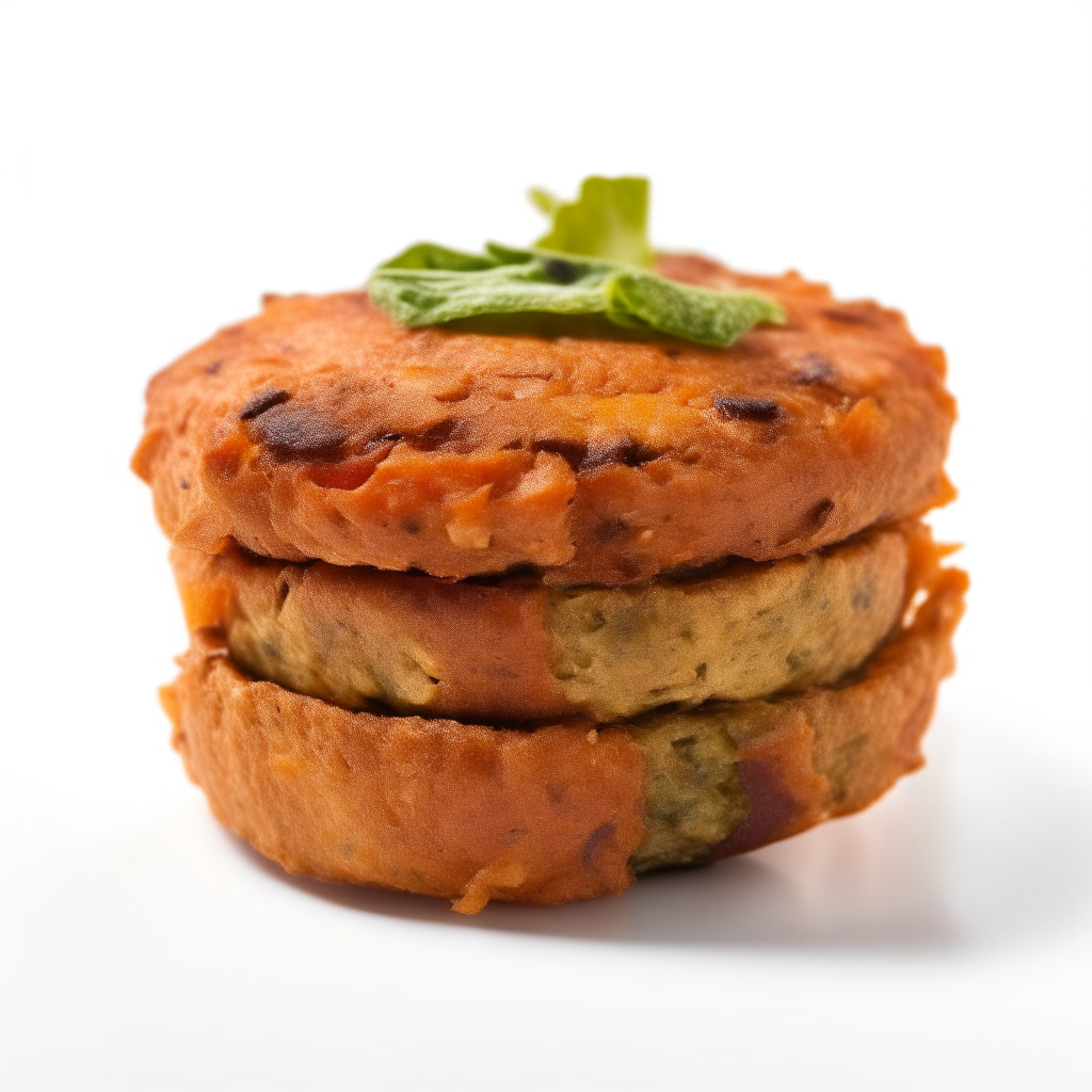 A bean and veggie patty zoomed in tightly on a white background, freshly made and ready to eat