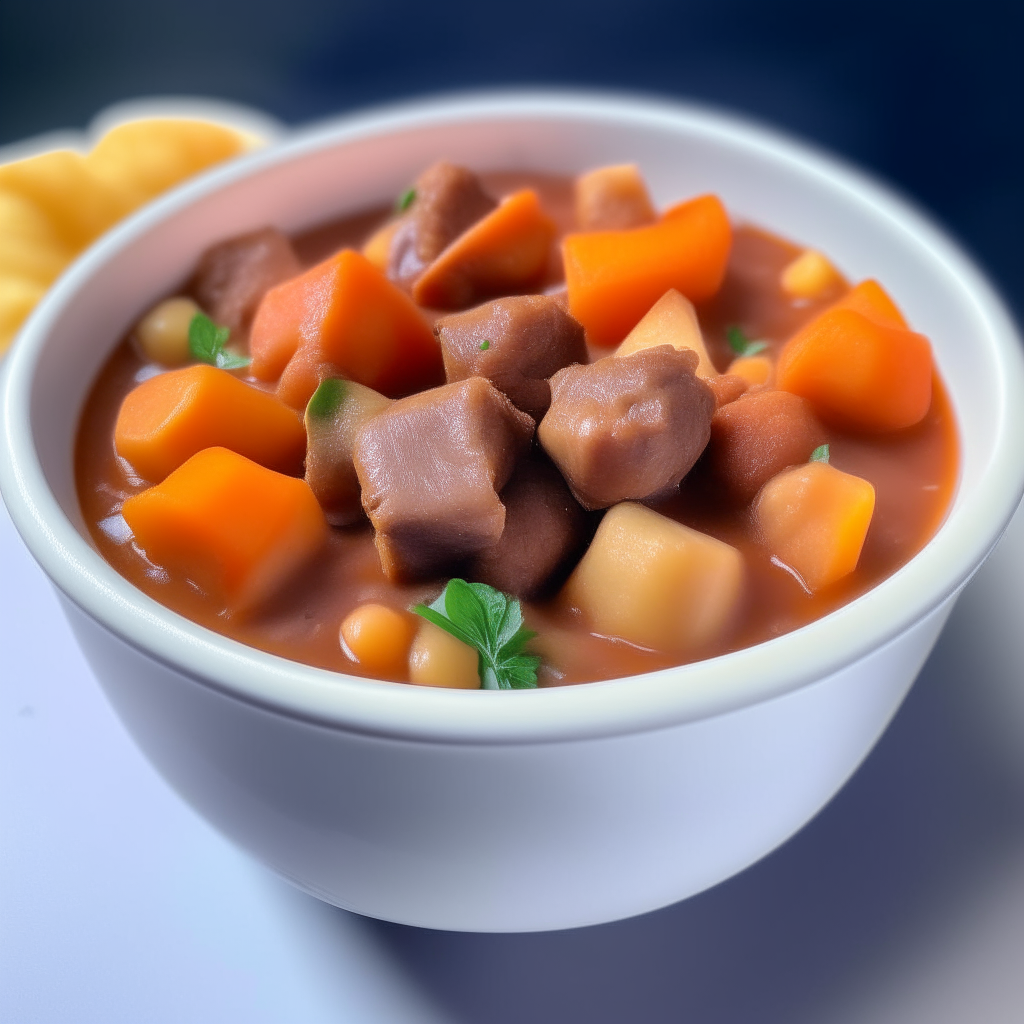 A bowl of mini beef stew with diced carrots and potatoes, freshly made and ready to eat, perfect for babies 9-12 months old