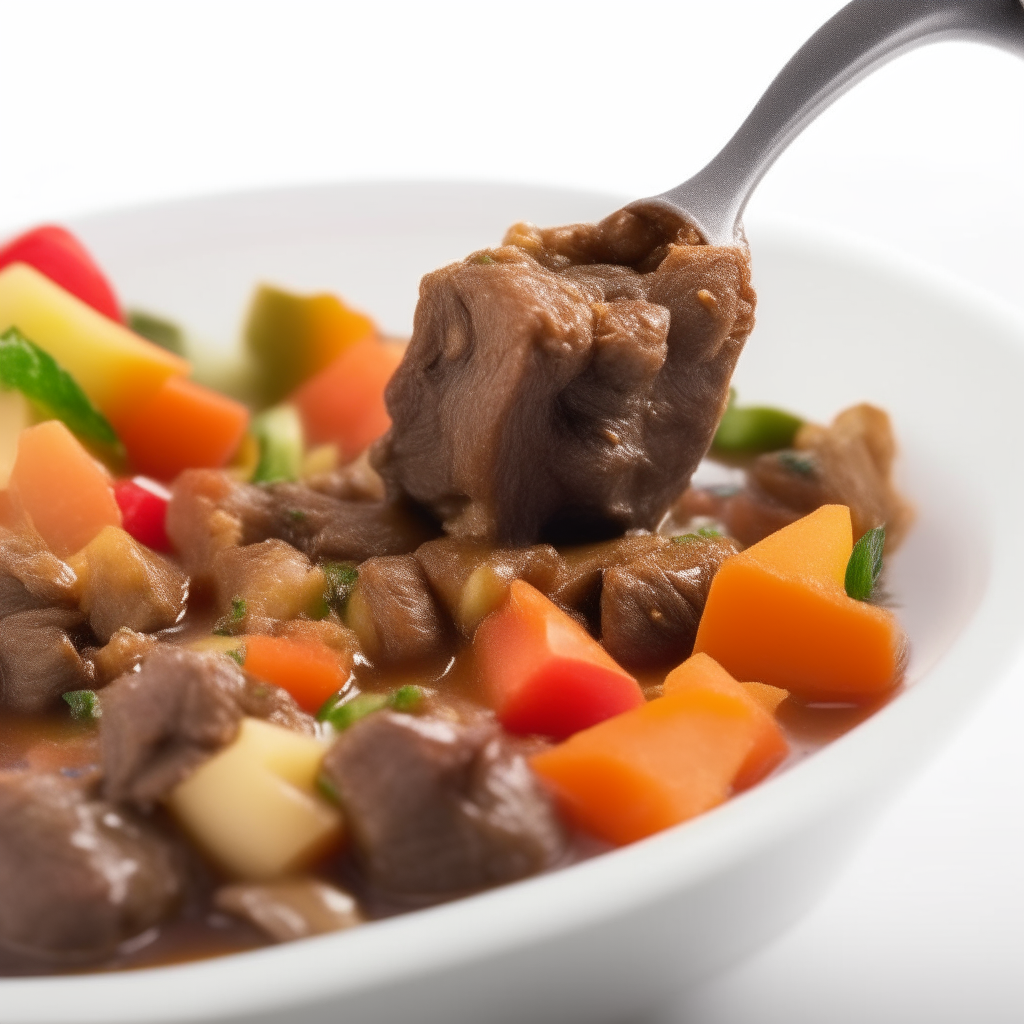 A spoonful of mini beef stew with vegetables, zoomed in tightly on white background, freshly made and ready to eat