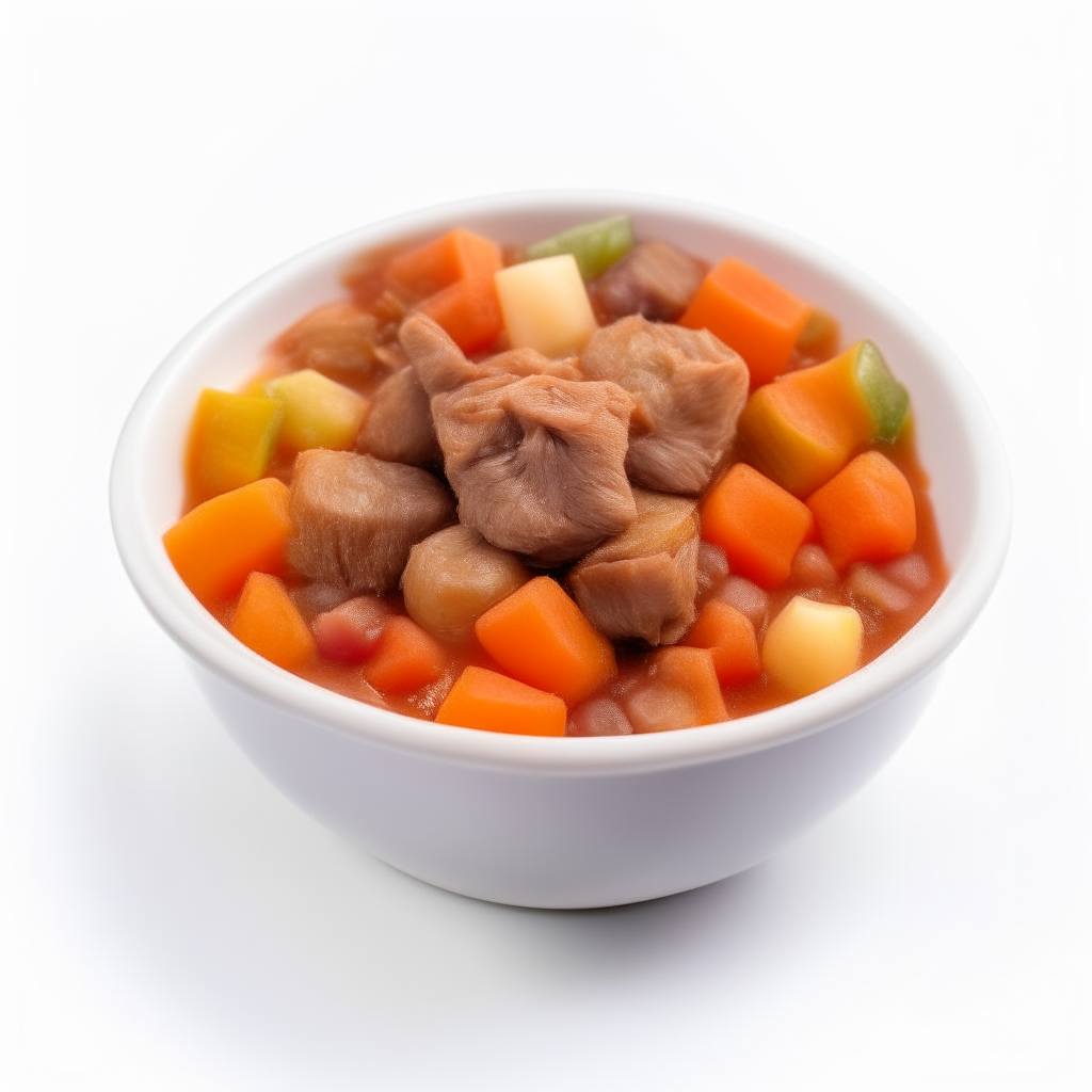 Mini beef stew with carrots and potatoes arranged in a bowl on a white background, freshly made and ready to eat, suitable for babies 9-12 months old