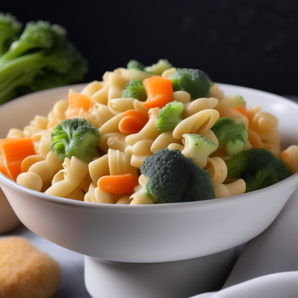 A bowl of creamy vegetable pasta with broccoli and carrots, freshly made and ready to eat, perfect for babies 9-12 months old