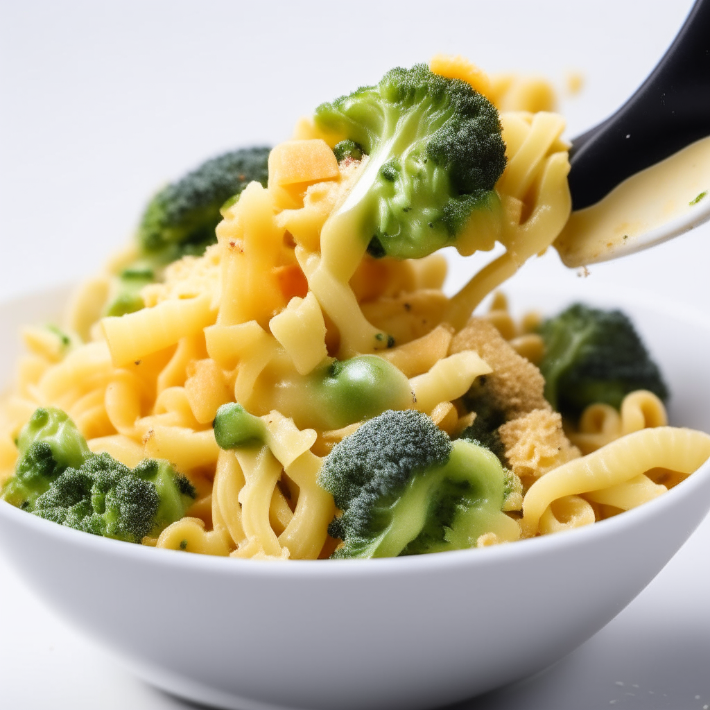 A spoonful of creamy veggie pasta with broccoli, zoomed in tightly on white background, freshly made and ready to eat