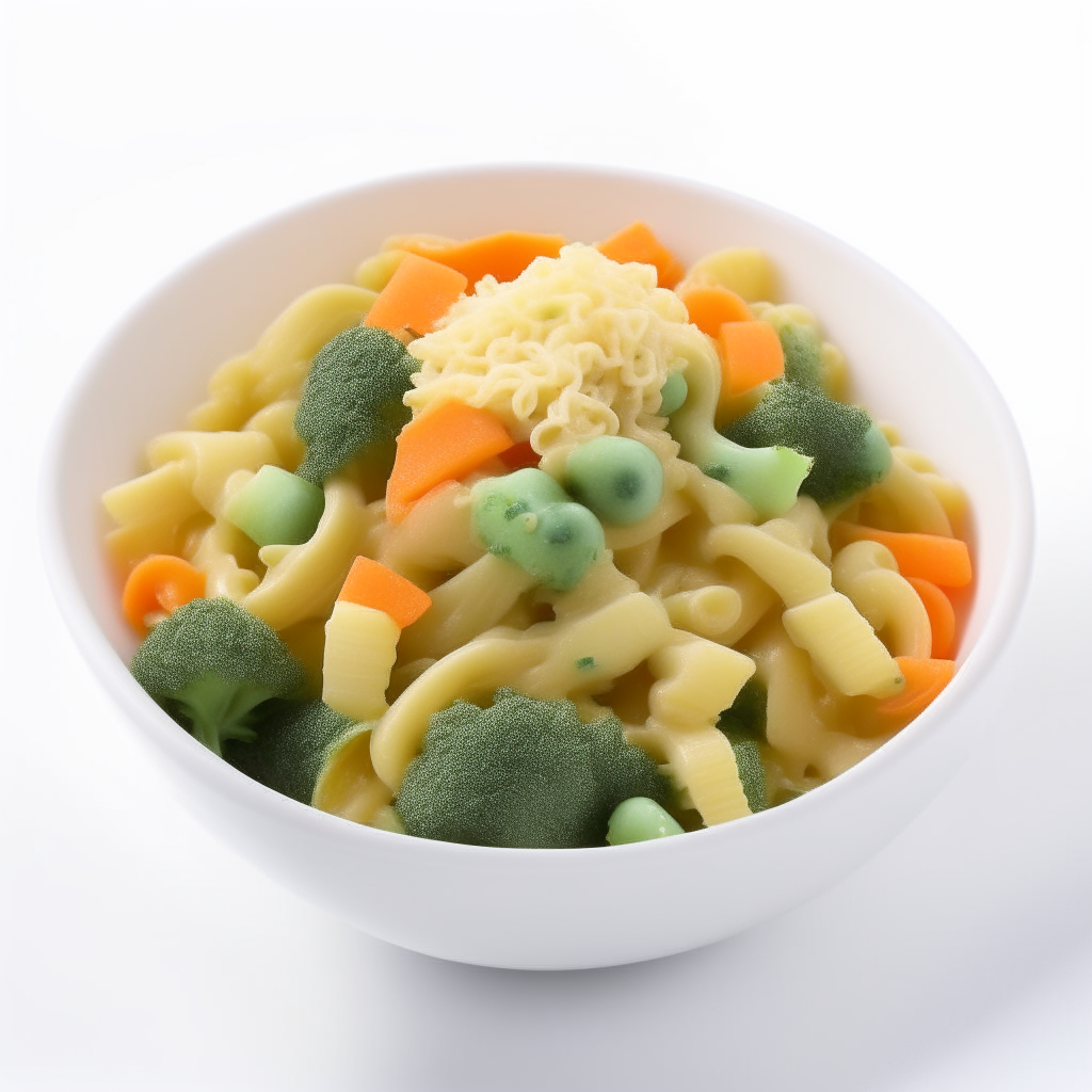 Creamy veggie pasta with broccoli and carrots arranged in a bowl on a white background, freshly made and ready to eat, suitable for babies 9-12 months old