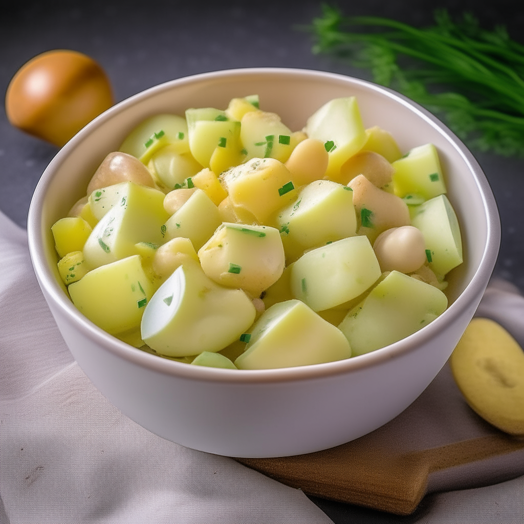 A bowl of potato and egg salad with diced eggs and potatoes, freshly made and ready to eat, perfect for babies 9-12 months old