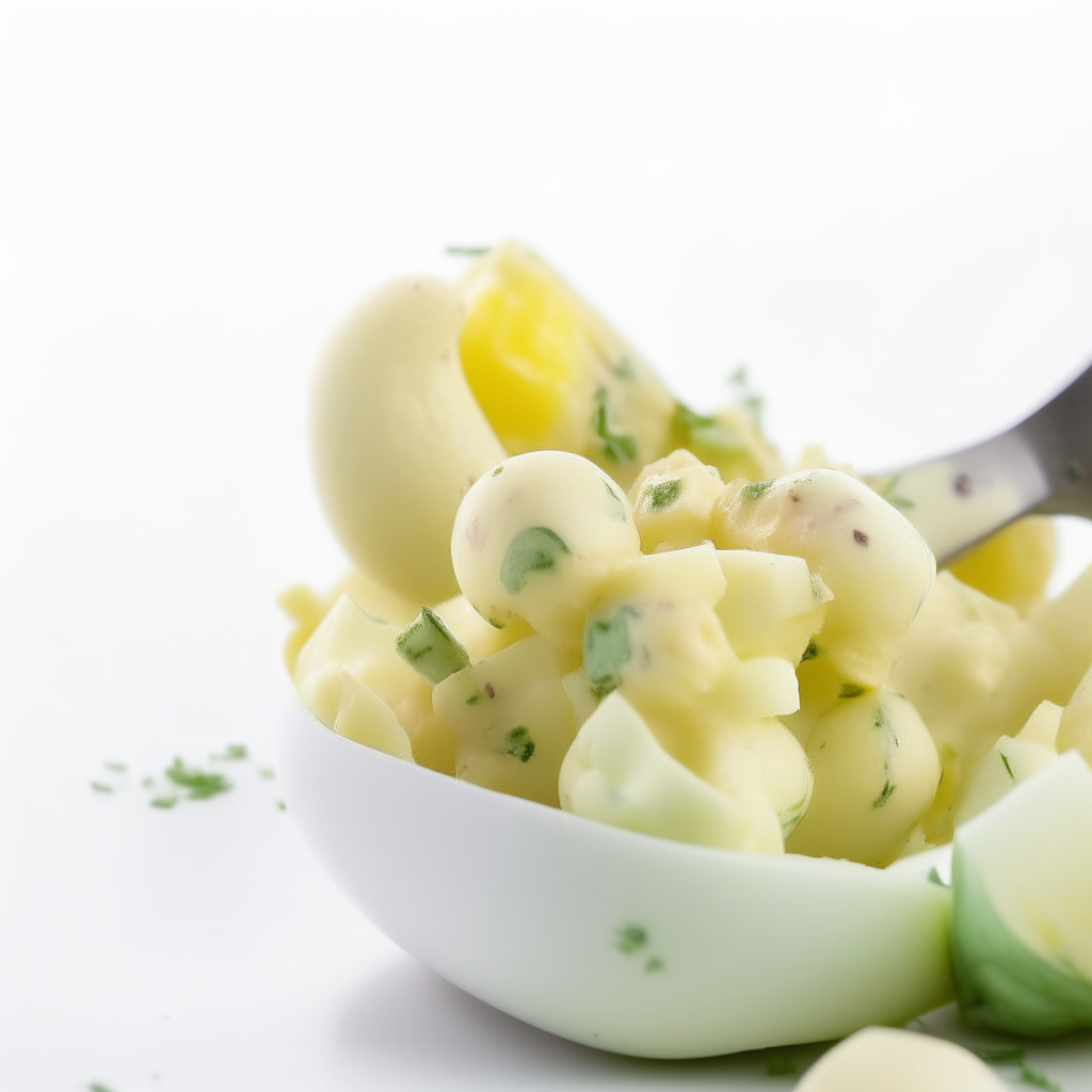 A spoonful of potato and egg salad, zoomed in tightly on white background, freshly made and ready to eat