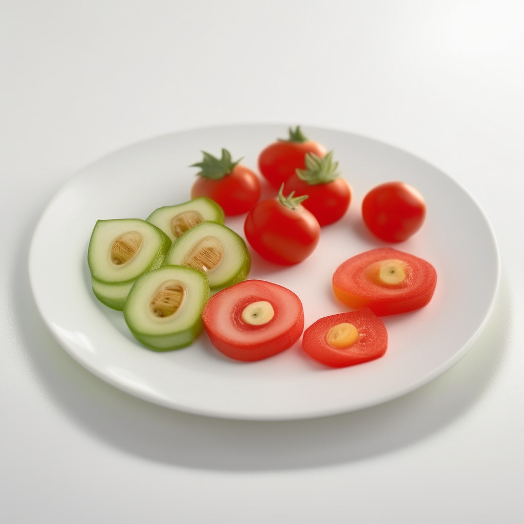 Fresh tomato and zucchini slices arranged on a white plate, ready to eat, perfect for babies 9-12 months old. Bright studio lighting, razor sharp focus