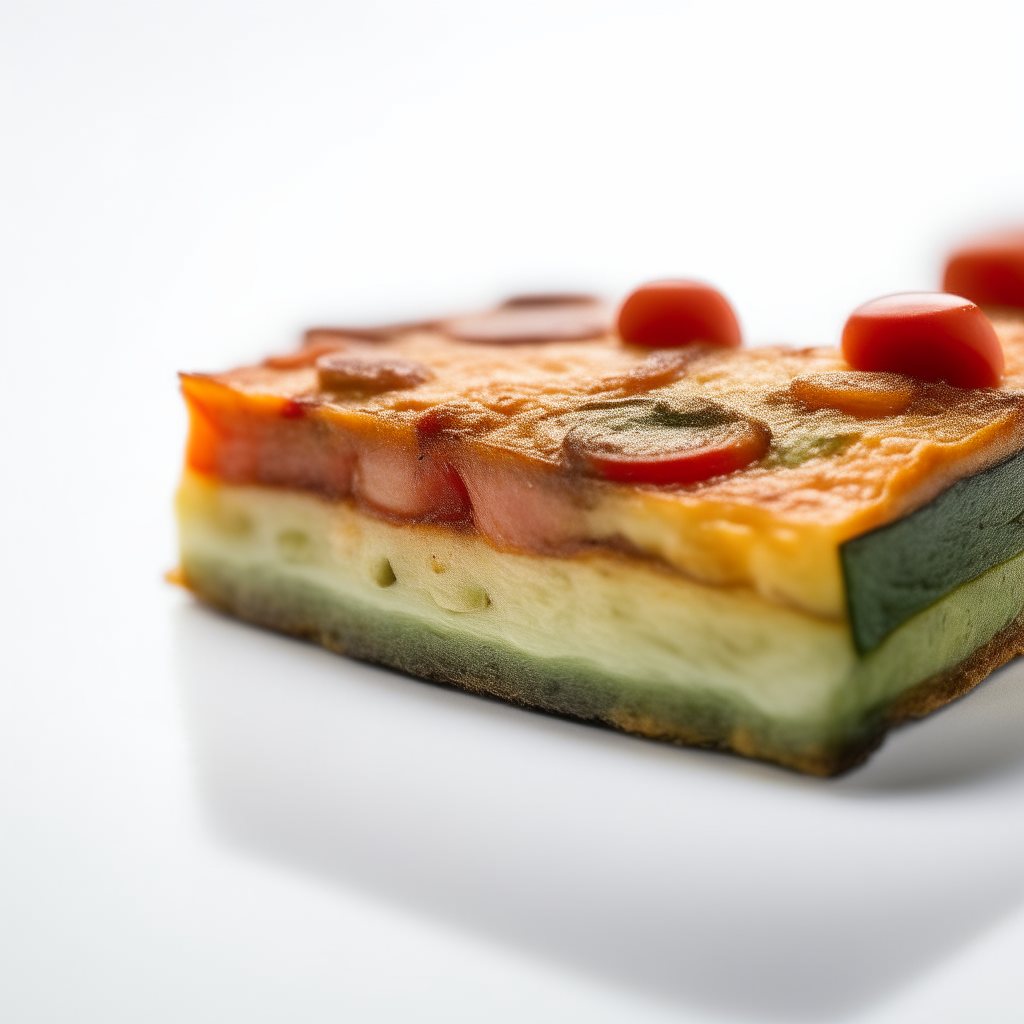 Close up of a tomato and zucchini slice on white background, freshly made and ready to eat. Bright studio lighting, razor sharp focus