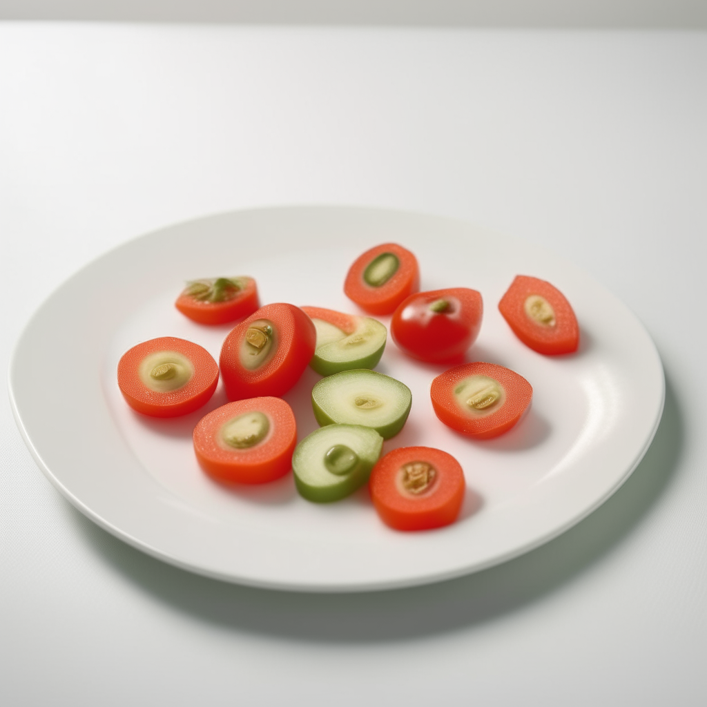 Tomato and zucchini slices arranged on a white plate, freshly made and ready to eat, suitable for babies 9-12 months old. Bright studio lighting, razor sharp focus