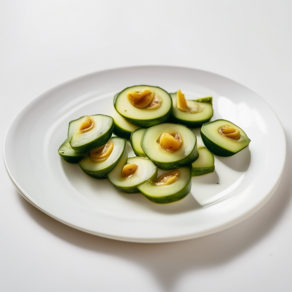 Fresh sauteed zucchini slices arranged on a white plate, ready to eat, perfect for babies 9-12 months old. Bright studio lighting, razor sharp focus