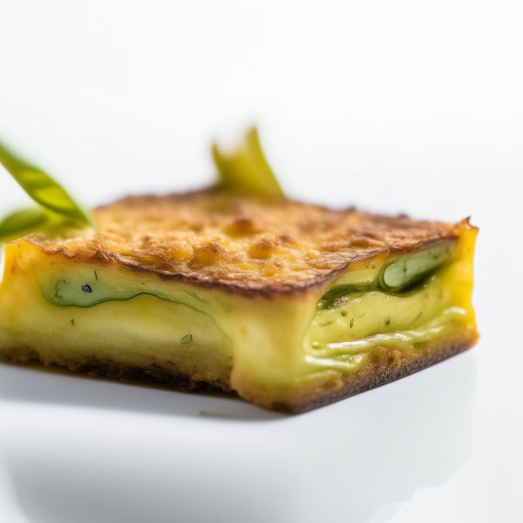 Close up of a sauteed zucchini slice on white background, freshly made and ready to eat. Bright studio lighting, razor sharp focus