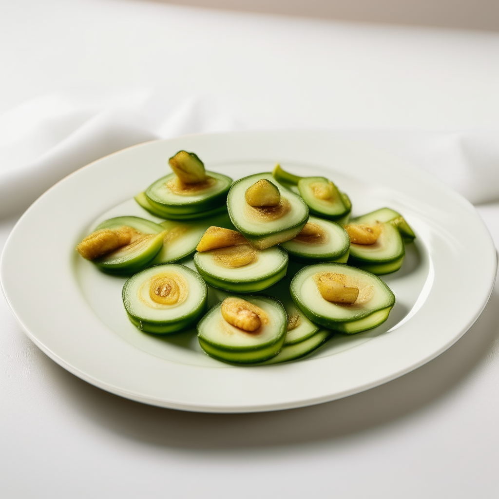 Sauteed zucchini slices arranged on a white plate, freshly made and ready to eat, suitable for babies 9-12 months old. Bright studio lighting, razor sharp focus