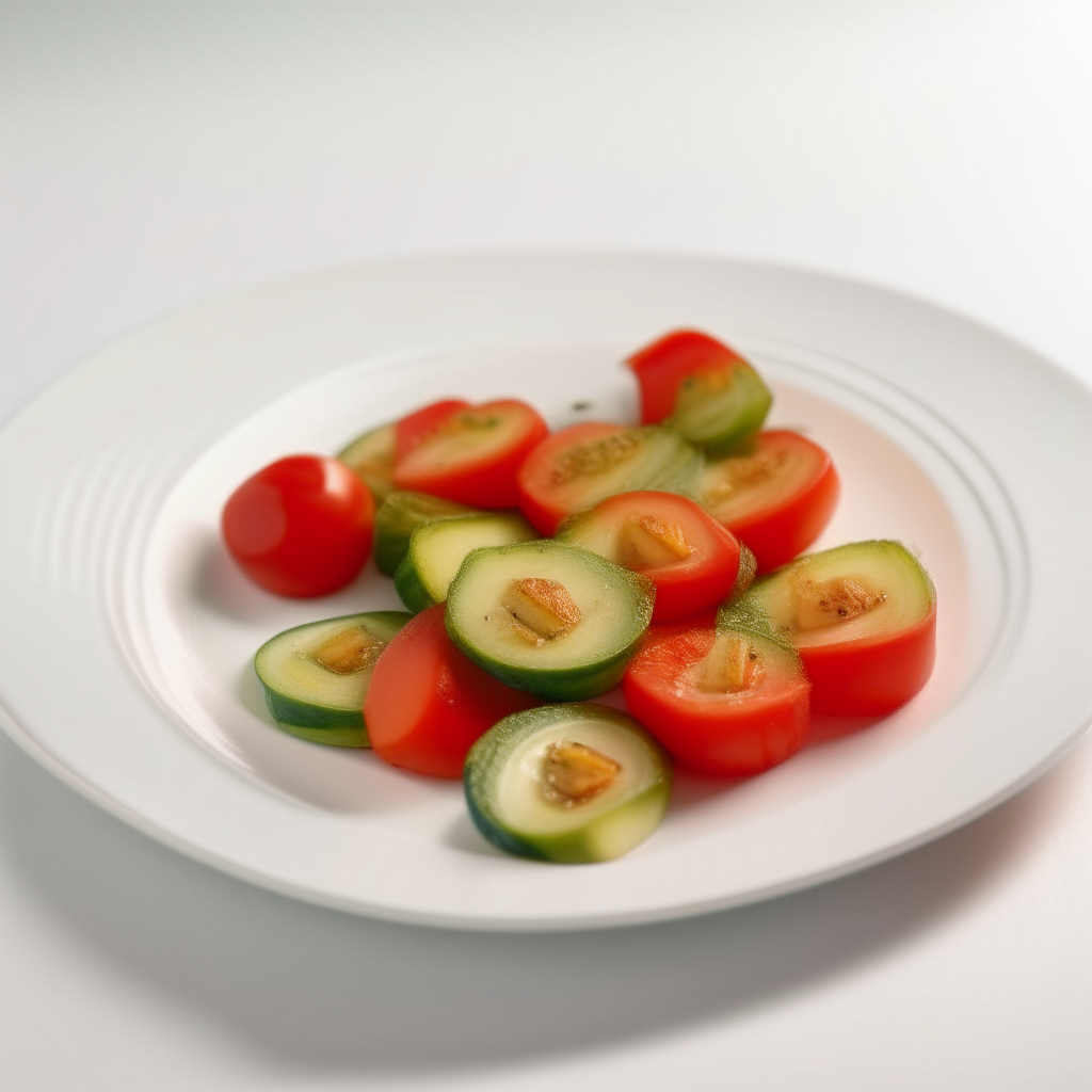 Fresh sauteed zucchini and tomato slices arranged on a white plate, ready to eat, perfect for babies 9-12 months old. Bright studio lighting, razor sharp focus