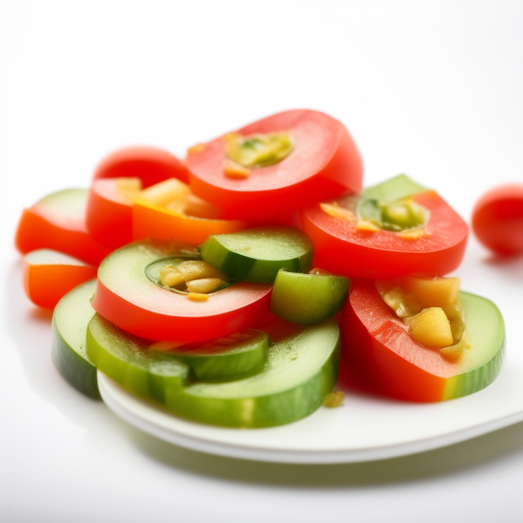 Close up of sauteed zucchini and tomato slices on white background, freshly made and ready to eat. Bright studio lighting, razor sharp focus