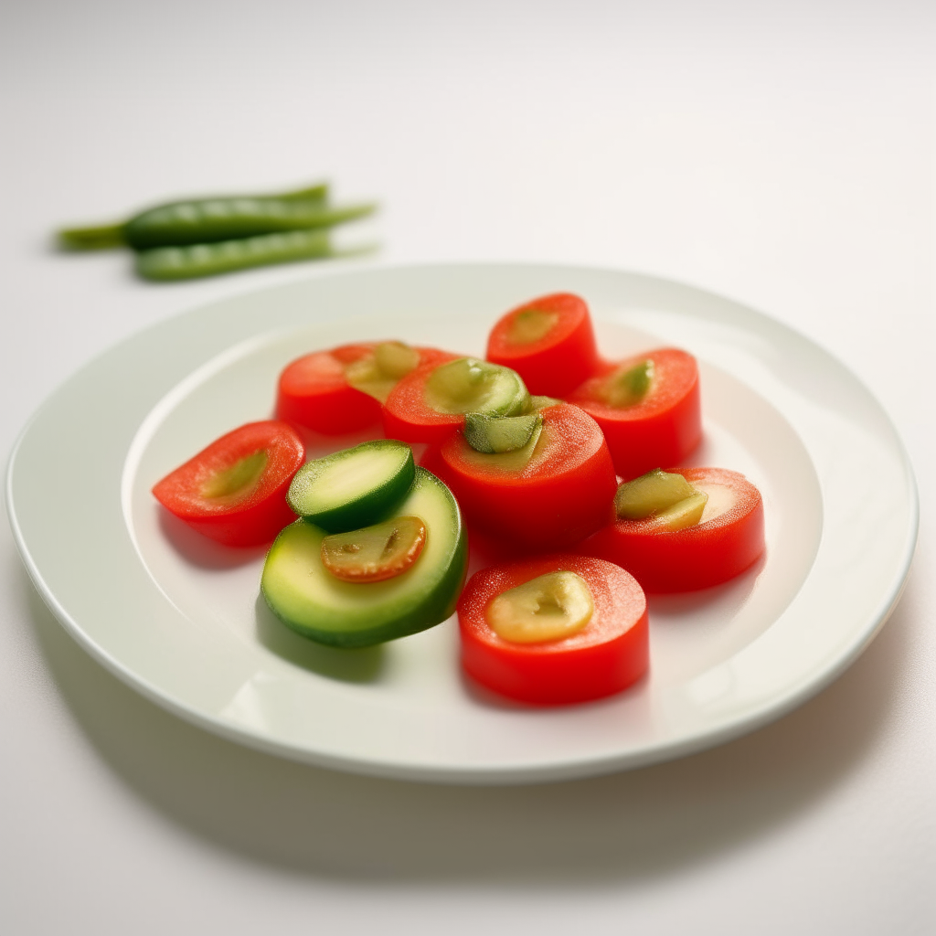 Sauteed zucchini and tomato slices arranged on a white plate, freshly made and ready to eat, suitable for babies 9-12 months old. Bright studio lighting, razor sharp focus