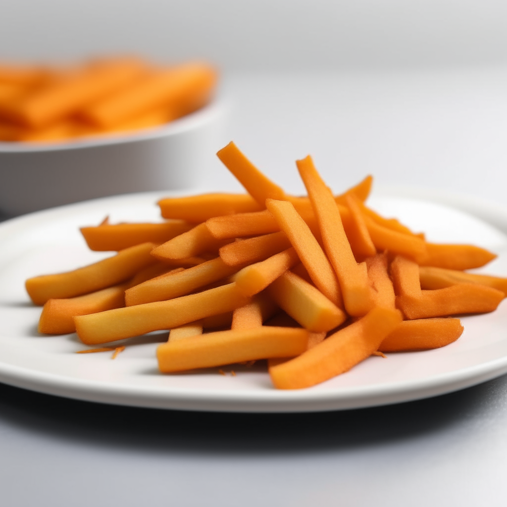 Sweet potato fries cut into strips and baked until crispy, served on a white plate, perfect finger food for babies 9-12 months old. Bright studio lighting, razor sharp focus.