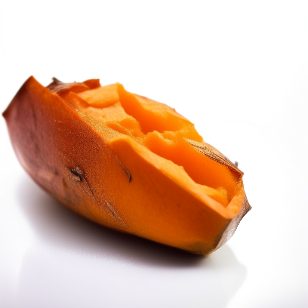 Close up photo of a baked sweet potato fry on a white background, freshly made and ready to eat. Bright studio lighting, razor sharp focus.