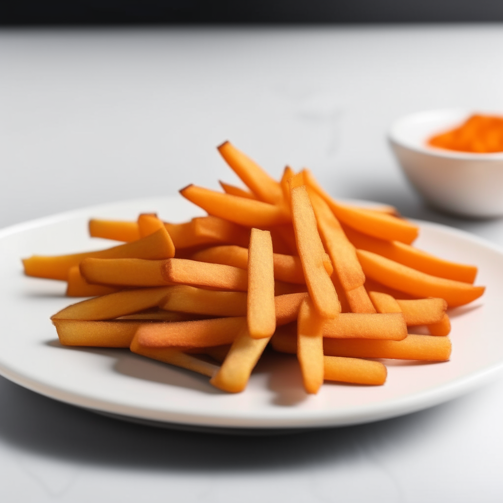 Sweet potato fries cut into strips and baked until crispy, served on a white plate, suitable finger food for babies 9-12 months old. Bright studio lighting, razor sharp focus.