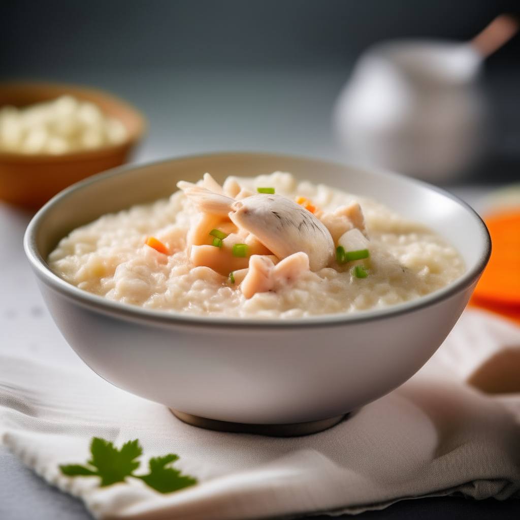 Bowl of chicken and rice porridge, freshly made, perfect for babies 9-12 months old. Bright studio lighting, razor sharp focus.