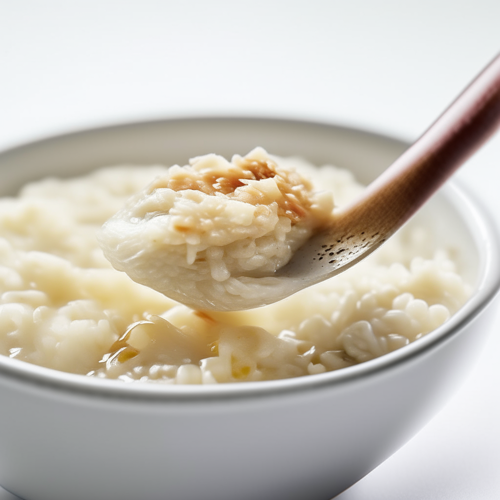 Spoonful of chicken and rice porridge, zoomed in on white background. Bright studio lighting, razor sharp focus.