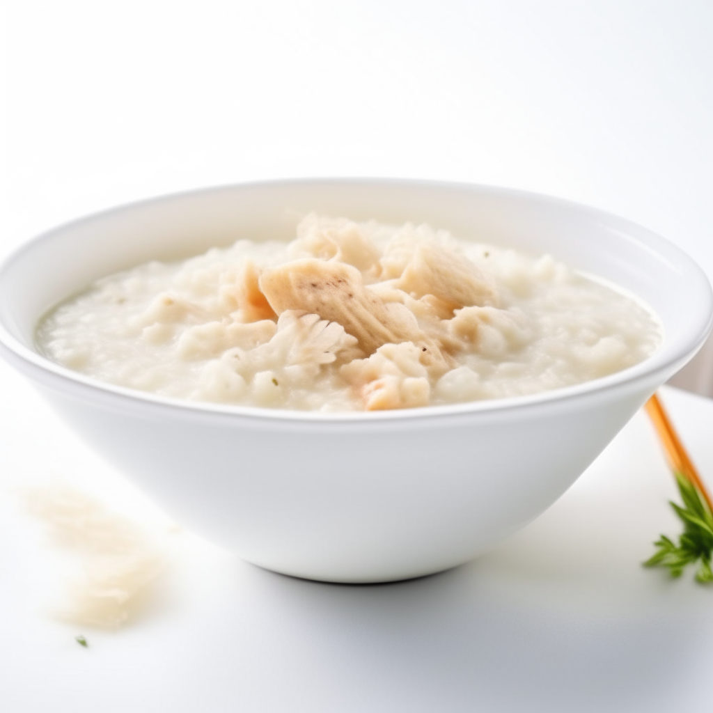 Bowl of chicken and rice porridge on white background, freshly made, suitable for babies 9-12 months old. Bright studio lighting, razor sharp focus.