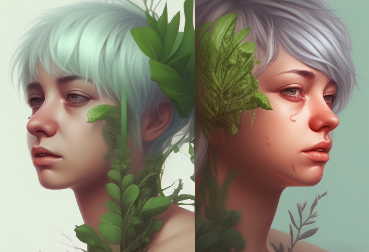 Nymph turned in alaurel plant, half human, half plant, realistic details
