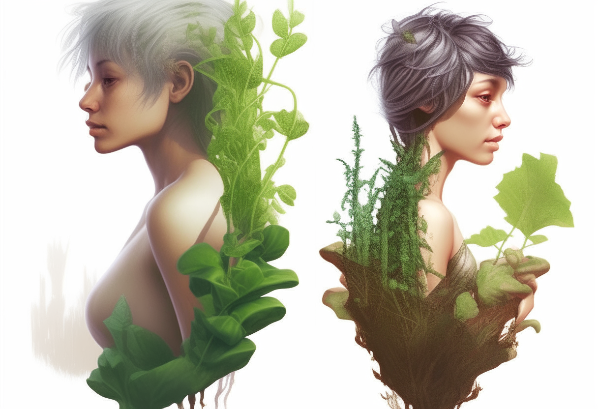 Nymph turned in alaurel plant, half human, half plant, realistic details, whole figure
