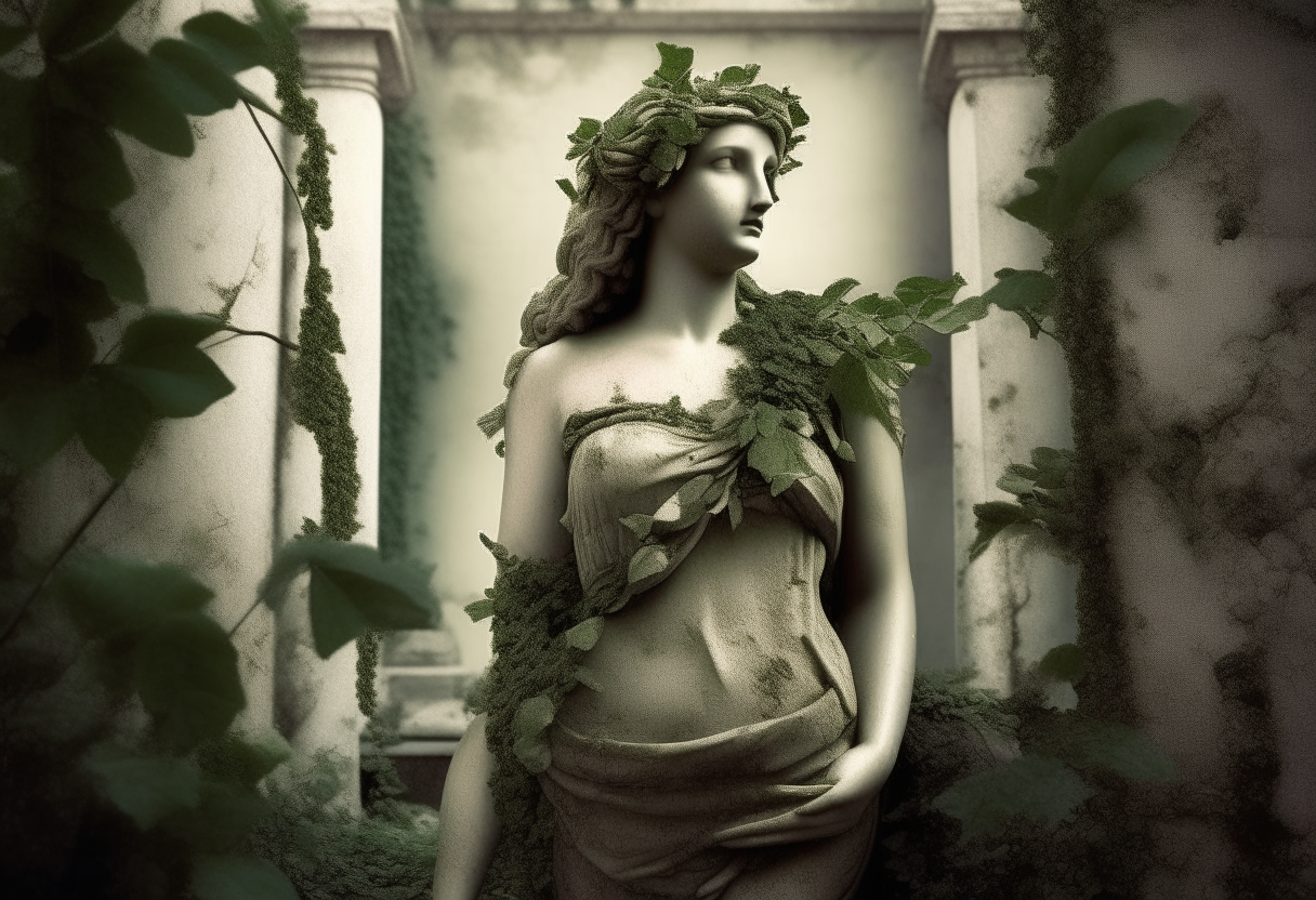 Nymph turned in laurel plant, half human half plant, photoealistic details, entire figure, background greek ruins and nature

