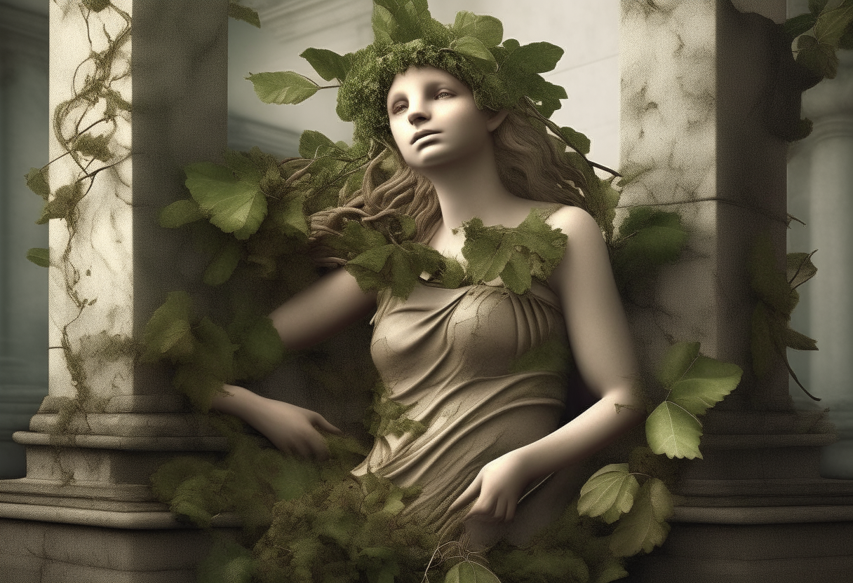 Nymph becoming laurel plant, half human half wood, photorealistic details, entire figure, background greek ruins and nature

