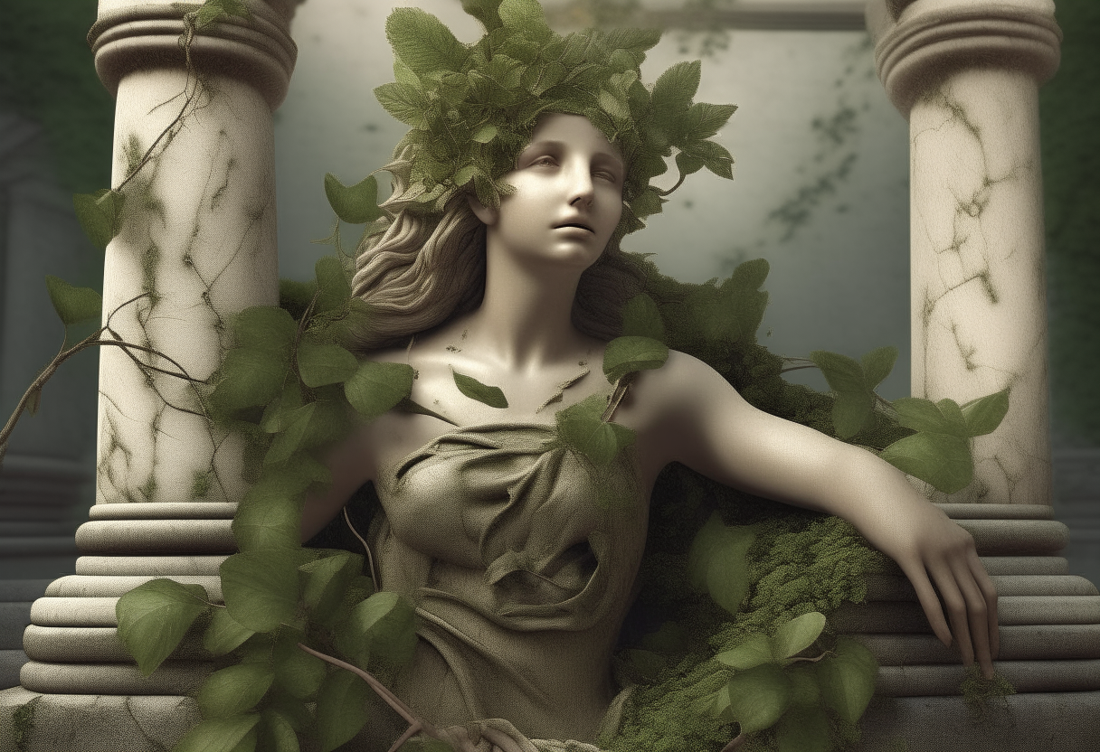 Nymph becoming laurel plant, half human half wood, photorealistic details, entire figure, background greek ruins and nature

