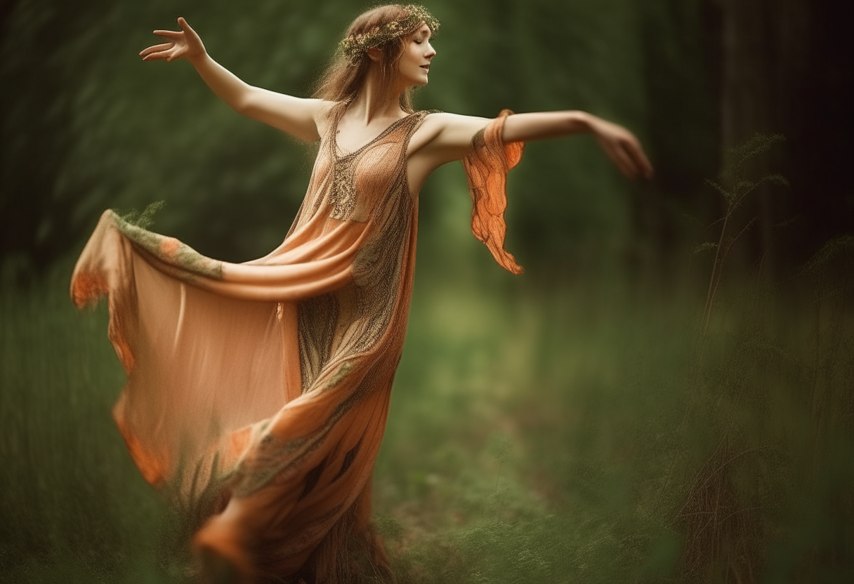 dancing nymph, tunic, half human half wooden, background nature