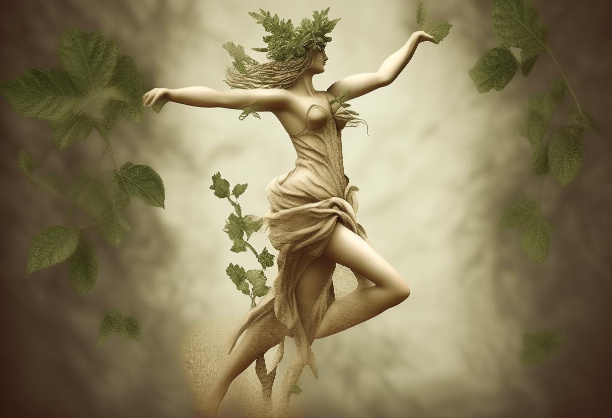 dancing nymph, tunic, turned in laurel plant half human half wooden, background nature