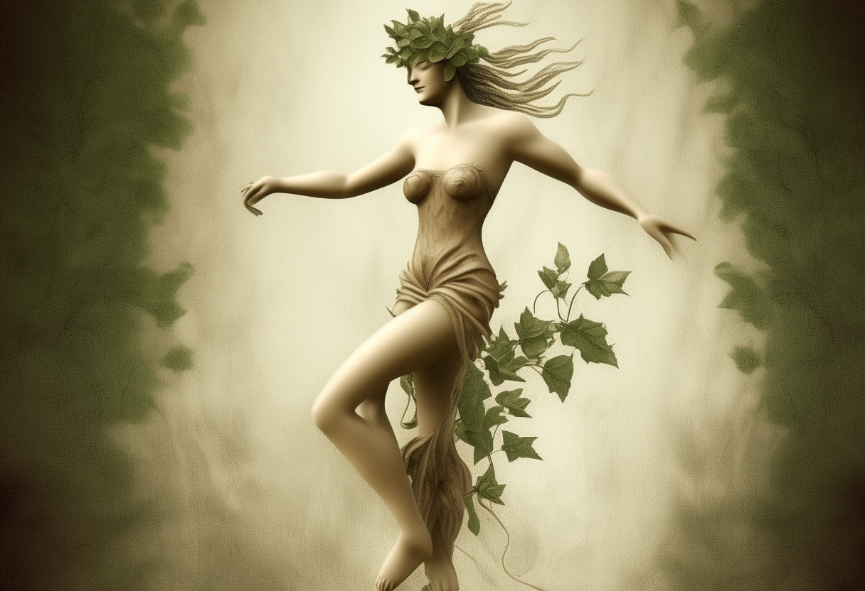 dancing nymph, tunic, turned in laurel plant half human half wooden, background nature