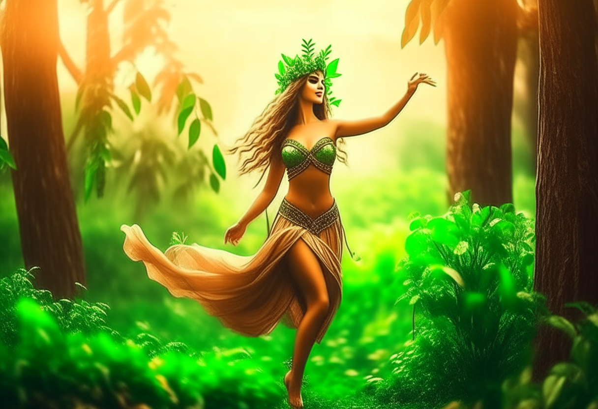 dancing nymph, tunic, turned in laurel plant half human half wooden, background nature