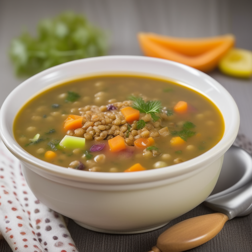 Lentil soup with diced veggies for babies, bright studio lighting, razor sharp focus on the soup, fill the frame Lentil soup with diced veggies for babies, bright studio lighting, razor sharp focus on the soup, fill the frame Lentil soup with diced veggies for babies, bright studio lighting, razor sharp focus on the soup, fill the frame