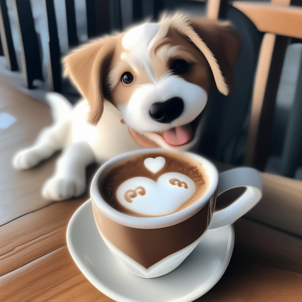 a happy puppy drinking a latte with heart-shaped foam art